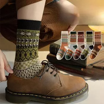 1 пара Ins ретро носки женские осень зима хлопковые вязаные длинные носки модные этнические Харадзюку винтажные уличные носки средней длины