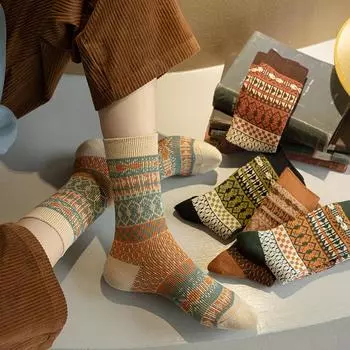 1 пара Ins ретро носки женские осень зима хлопковые вязаные длинные носки модные этнические Харадзюку винтажные уличные носки средней длины
