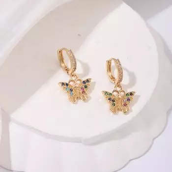 1 пара изысканных красочных висячих серег с цирконием и бабочкой для женщин, свадебных вечеринок, ювелирных аксессуаров золотой
