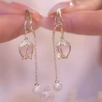 1 пара изысканных модных сережек в виде розового тюльпана с жемчужной бахромой, длинные серьги, свадебные серьги, украшения на день рождения