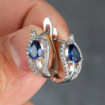 1 пара изысканных сережек-клипс с каплевидной огранкой синего, белого, красного, фиолетового цвета с камнями, серьги-кольца в стиле листа, романтический подарок на День святого Валентина синий