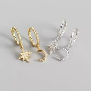 1 пара изысканных сережек, украшенных бриллиантами, звездами и луной, асимметричные серьги, универсальные серьги в холодном стиле для женщин серебряный