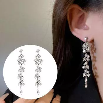 1 пара изысканных женских сережек в виде листьев с кисточками из искусственного бриллианта, блестящая тонкая текстура, стильные