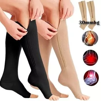 1 пара компрессионных носков на молнии с защитой кожи и открытым носком, медицинские компрессионные носки 20–30 мм рт. ст. для мужчин и женщин XYZ L/XL чёрный