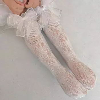 1 пара красивых упругих удобных носков для икр с бантом для девочек белый