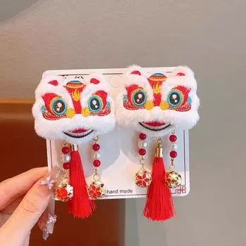 1 пара красных годовых шпилек для женщин и девочек в китайском стиле, милая заколка для волос с кисточками в виде танца льва, изысканные аксессуары для волос, подарки