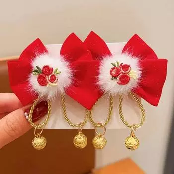 1 пара красных шпилек для волос с плюшевым декором в виде колокольчика и банта на осень-зиму A