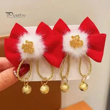 1 пара красных заколок для волос с плюшевым декором в виде колокольчика и банта, заколки для волос в стиле осени и зимы в китайском новогоднем стиле A