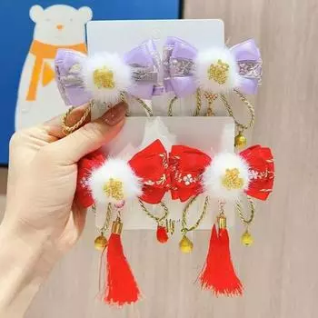 1 пара красных заколок для волос с плюшевым декором в виде колокольчика и банта, заколки для волос в стиле осени и зимы в китайском новогоднем стиле A