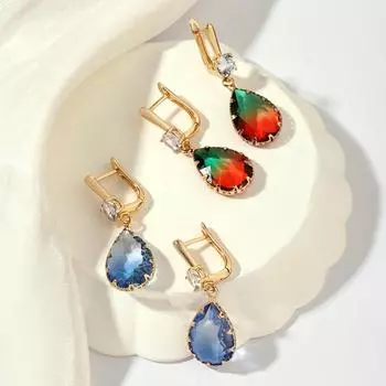 1 пара красочных висячих сережек с имитацией кристаллов воды, золотого цвета для женщин, с кубическим цирконием, подарок для свадебной вечеринки, ювелирные изделия разноцветный