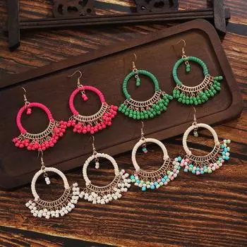 1 пара круглых геометрических серег в стиле бохо Винтажные серьги с бахромой из бисера и просо, сплетенные вручную