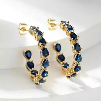 1 пара круглых серег из желтого золота с синим камнем в форме капли, висячие серьги, элегантные серьги-гвоздики для женщин, подарок синий