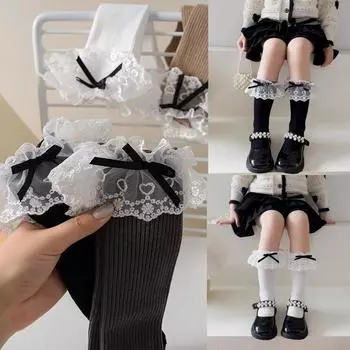 1 пара кружевных носков до середины икры с рюшами для девочек, модные носки с оборками и бантом для детей, весна-лето, мягкие хлопковые школьные носки