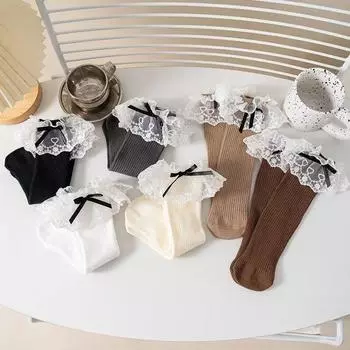 1 пара кружевных носков до середины икры с рюшами для девочек, модные носки с оборками и бантом для детей, весна-лето, мягкие хлопковые школьные носки