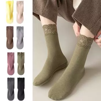 1 пара кружевных носков с антифрикционным эффектом, самонагревающиеся, утолщающие, впитывающие пот, носки средней длины с добавлением бархата