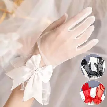 1 пара кружевных перчаток с бантом, полностью закрывающих пальцы, свадебные фатиновые оборки, аксессуары для платья, варежки, реквизит для фотосъемки
