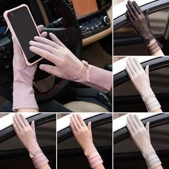 1 пара легких дышащих кружевных перчаток из ледяного шелка с защитой от солнца и цветочным узором розовый