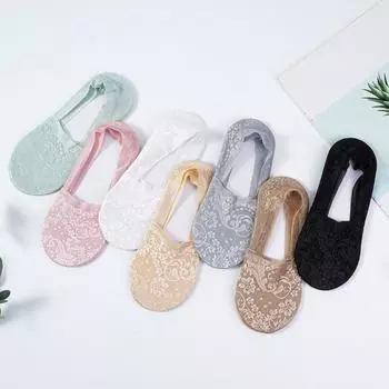 1 пара летних кружевных невидимых носков для женщин и девочек с хлопковой подошвой, нескользящие носки для экипажа One size чёрный