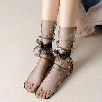 1 пара летних модных носков ярких цветов с тонкой сеткой из тюля, прозрачные эластичные сетчатые носки в сетку с блестящими снежинками и звездами чёрный