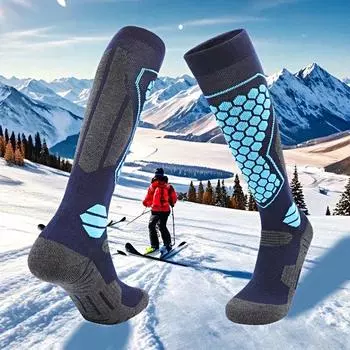 1 пара лыжных носков, впитывающих пот, с двойной иглой, нескользящие, утолщенные, теплые, спортивные, длинные, шерстяные M чёрный/фиолетовый