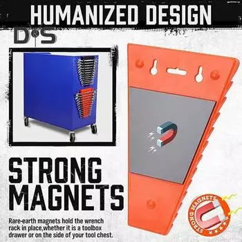 1 пара магнитных кронштейнов для хранения ключей. Компактный дизайн с 12 гнездами. Простые в установке кронштейны для ключей SAE и метрических ключей. чёрный/красный