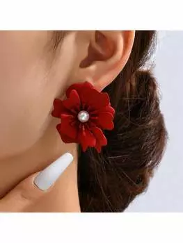 1 пара металлических серег-цветков в европейском и американском стиле, украшенных жемчугом и лепестками, подходит для повседневной носки женщин красный