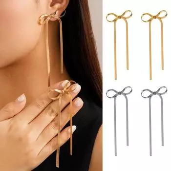 1 пара металлических серег с бантом, длинные короткие серьги с кисточкой в елочку, роскошные элегантные женские серьги с узлом для девочек, модные аксессуары, подарок на день рождения золотистый