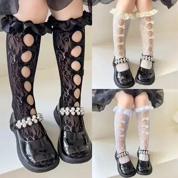 1 пара милых детских носков до середины икры для девочек, однотонные носки принцессы с эстетическим цветочным принтом для детей, летние тонкие полые носки принцессы для девочек