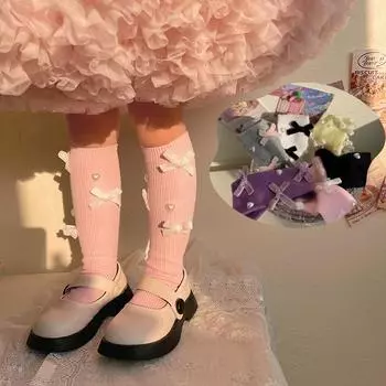 1 пара милых детских носков до середины икры для девочек, шикарные корейские бархатные носки с бантом и сердечками для детей, весенне-осенние мягкие хлопковые носки одного размера белый