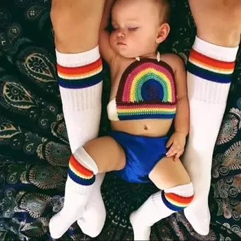1 пара милых детских теплых зимних полосатых носков для девочек и мальчиков, хлопковые радужные носки до колена