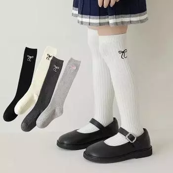 1 пара милых модных носков до колена для девочек, однотонные леггинсы с вышивкой и бантом, чулки, носки весна-осень, хлопковые носки S