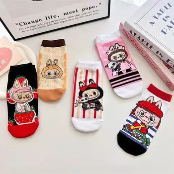 1 пара милых носков Labubu с рисунком из мультфильма, хлопковые носки до щиколотки для мужчин и женщин среднего размера, теплые дышащие, впитывающие пот короткие носки, подарки