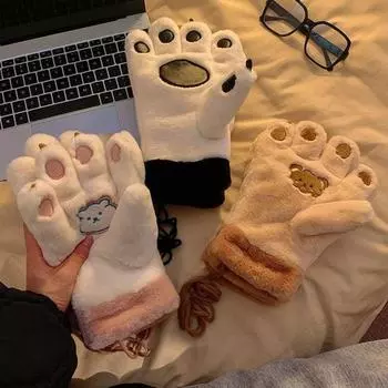 1 пара милых перчаток в виде медвежьей лапы, очень мягкие, ультра-толстые, износостойкие, морозостойкие, зимние, теплые хаки