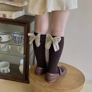 1 пара милых ретро-носков принцессы из телячьей кожи для детей, носки в стиле Лолиты с бантом и лентой для маленьких девочек, мягкие хлопковые школьные носки на весну и осень 35cm бежевый
