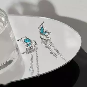 1 пара милых серег-капель в форме бабочек, женские асимметричные серьги-гвоздики с цепочкой и кисточками, серьги-гвоздики из искусственного жемчуга, инкрустированные стразами синий