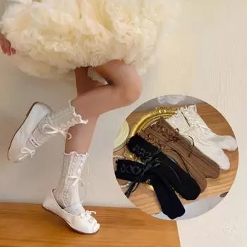 1 пара модных дизайнерских детских носков для девочек, корейские кружевные носки с бантом и лентой, оборки, носки из телячьей кожи для детей, осенне-весенние шерстяные кашемировые носки