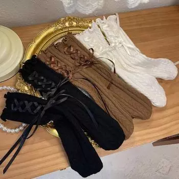 1 пара модных дизайнерских детских носков для девочек, корейские кружевные носки с бантом и лентой, оборки, носки из телячьей кожи для детей, осенне-весенние шерстяные кашемировые носки