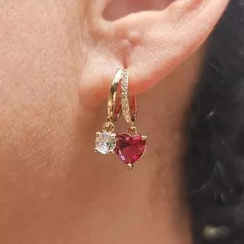 1 пара модных красных висячих сережек в форме сердца для женщин, ювелирные изделия с кубическим цирконием, повседневные аксессуары золотой