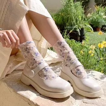 1 пара модных легких летних носков Lolita JK с мелким цветочным принтом средней длины из тюля, удобных