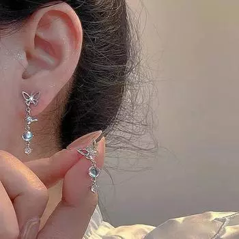 1 пара модных милых асимметричных сережек-капель в виде бабочки с лунным камнем и кисточками для женщин и девочек, элегантные ювелирные украшения для вечеринок, подарки onesize