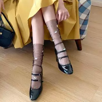 1 пара модных прозрачных женских ультратонких носков средней длины из тюля с вышивкой ромашки, сладкий дизайн