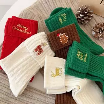 1 пара модных рождественских женских носков, осенне-зимние теплые носки, милые носки средней длины, хлопковые носки с вышивкой в виде мультфильмов «Каваи», подарки E