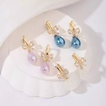 1 пара модных сережек-капель с имитацией жемчуга для женщин, ювелирные изделия с бантом из кубического циркония, свадебные аксессуары синий