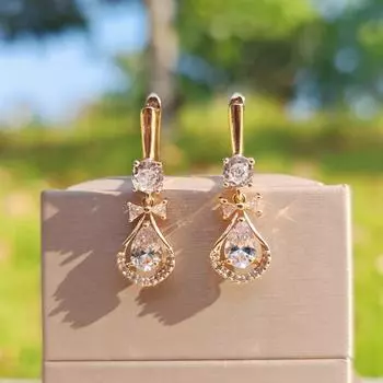 1 пара модных сережек-капель с кубическим цирконием и бантом для женщин, свадебные украшения, аксессуары золотой