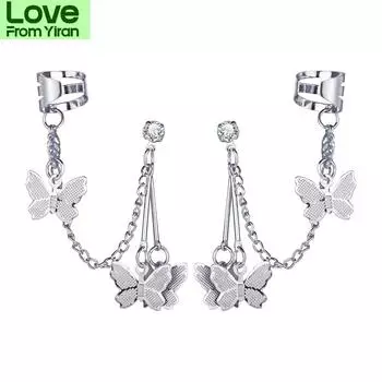 1 пара модных сережек-клипс в виде бабочки, ушные крючки из нержавеющей стали, двойные серьги для пирсинга, серьги для женщин и девочек, ювелирные изделия