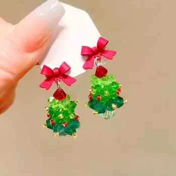 1 пара модных сладких шикарных мерцающих разноцветных сережек с хрустальной рождественской елкой и бантом в виде звезды