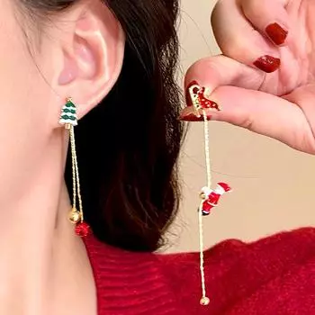 1 пара модных уникальных блестящих сережек с асимметричной длинной кисточкой Санта-Клауса, регулируемые, рождественские