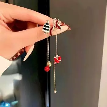 1 пара модных уникальных блестящих сережек с асимметричной длинной кисточкой Санта-Клауса, регулируемые, рождественские