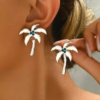 1 пара модных женских сережек в стиле океана со стразами из кокосовой пальмы для пляжного отдыха, свиданий, ежедневных путешествий, подарков для женщин серебряный