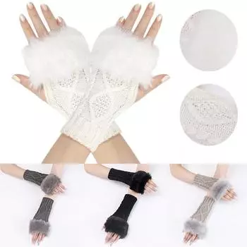 1 пара модных зимних вязаных варежек с полупальцами, короткие пушистые перчатки без пальцев, защита от холода чёрный